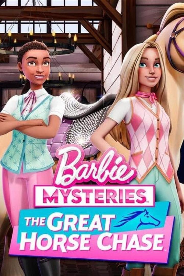 Das Cover von „Barbie Mysteries: The Great Horse Chase“ zeigt zwei animierte Mädchen und ein Pferd.