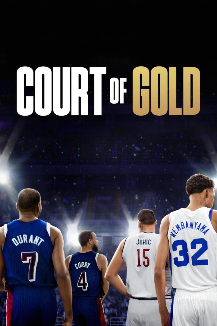 Das Poster für „Court of Gold“ zeigt Basketballspieler wie Durant, Curry, Jokic und Wembanyama.