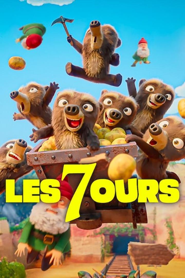 Das Filmplakat für „Les 7 Ours“ zeigt sieben Bären in einer Lore voller Kartoffeln, umgeben von Gartenzwergen.