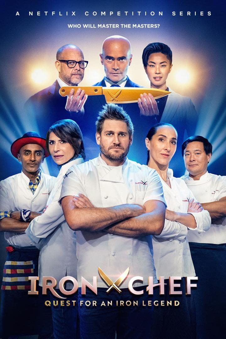 Das Poster für „Iron Chef: Quest for an Iron Legend“, eine Netflix-Kochshow, zeigt Köche und Juroren.