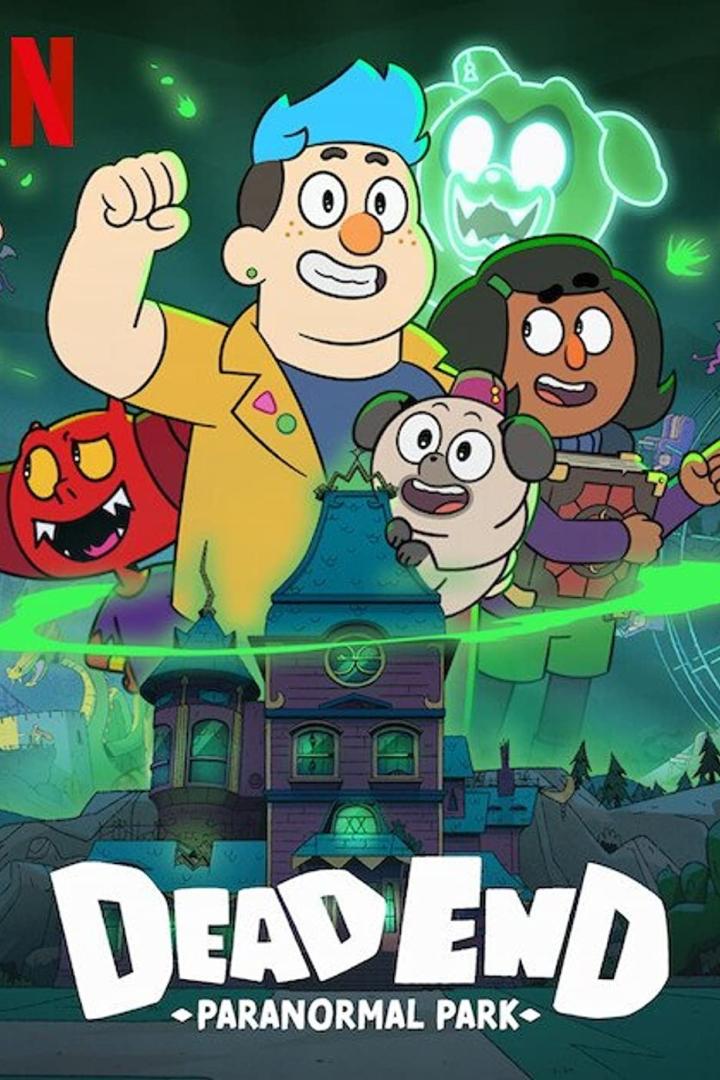 Das Poster für „Dead End: Paranormal Park“ zeigt die Hauptfiguren vor einem Spukhaus.