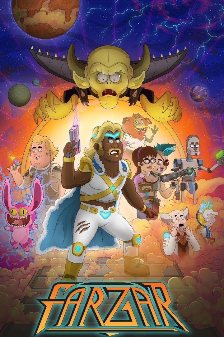 Das Poster für die Zeichentrickserie „Farzar“ zeigt den Protagonisten und sein Team vor einem Planeten.