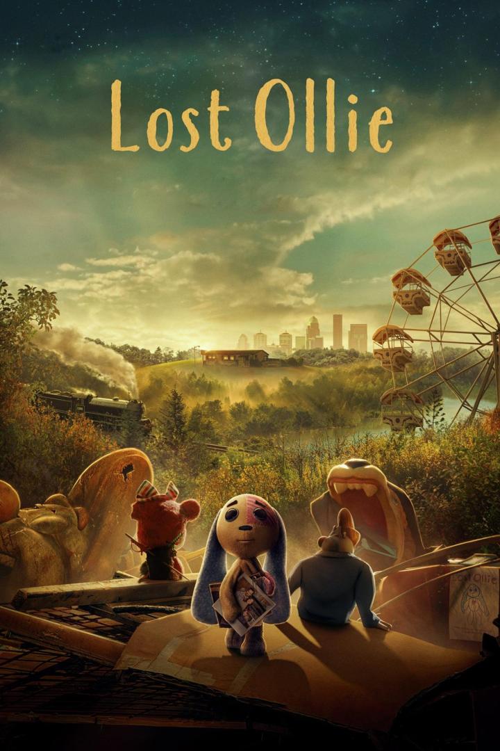 Das Filmplakat für „Lost Ollie“ zeigt Stofftiere vor einer nostalgischen Landschaft.