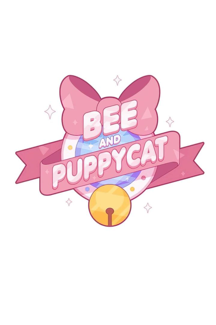 Das Logo für „Bee and Puppycat“ mit einer Schleife, einem Banner und einer Glocke.