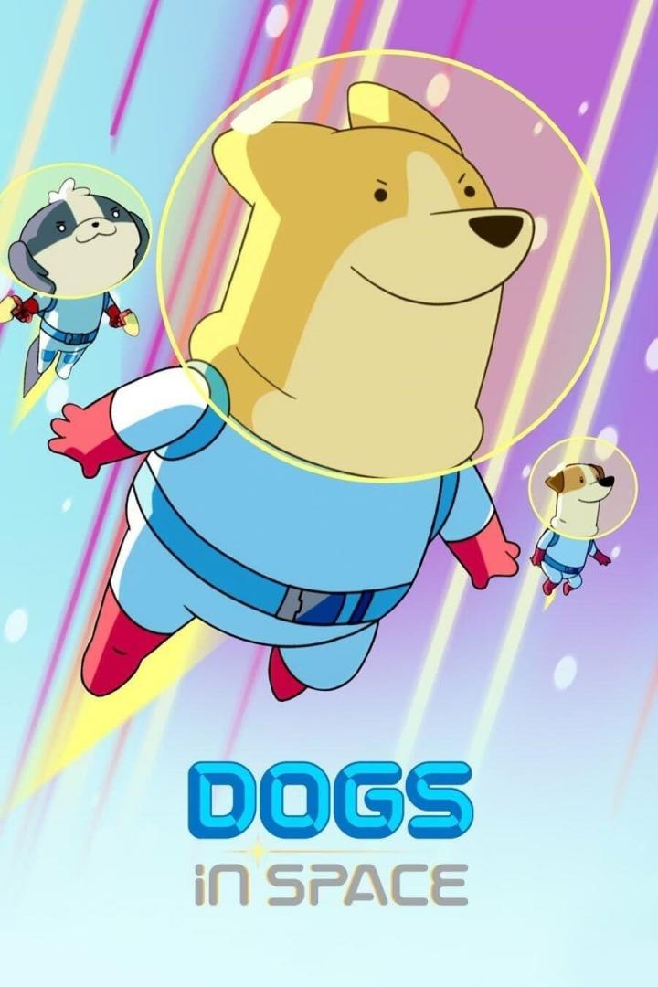 Drei Hunde tragen Raumanzüge und Helme im animierten Titelbild von „Dogs in Space“.