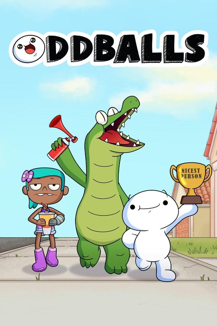 Das Titelbild der Zeichentrickserie „Oddballs“ zeigt drei Charaktere: ein Mädchen, ein Krokodil und eine weiße Figur mit einer Trophäe.
