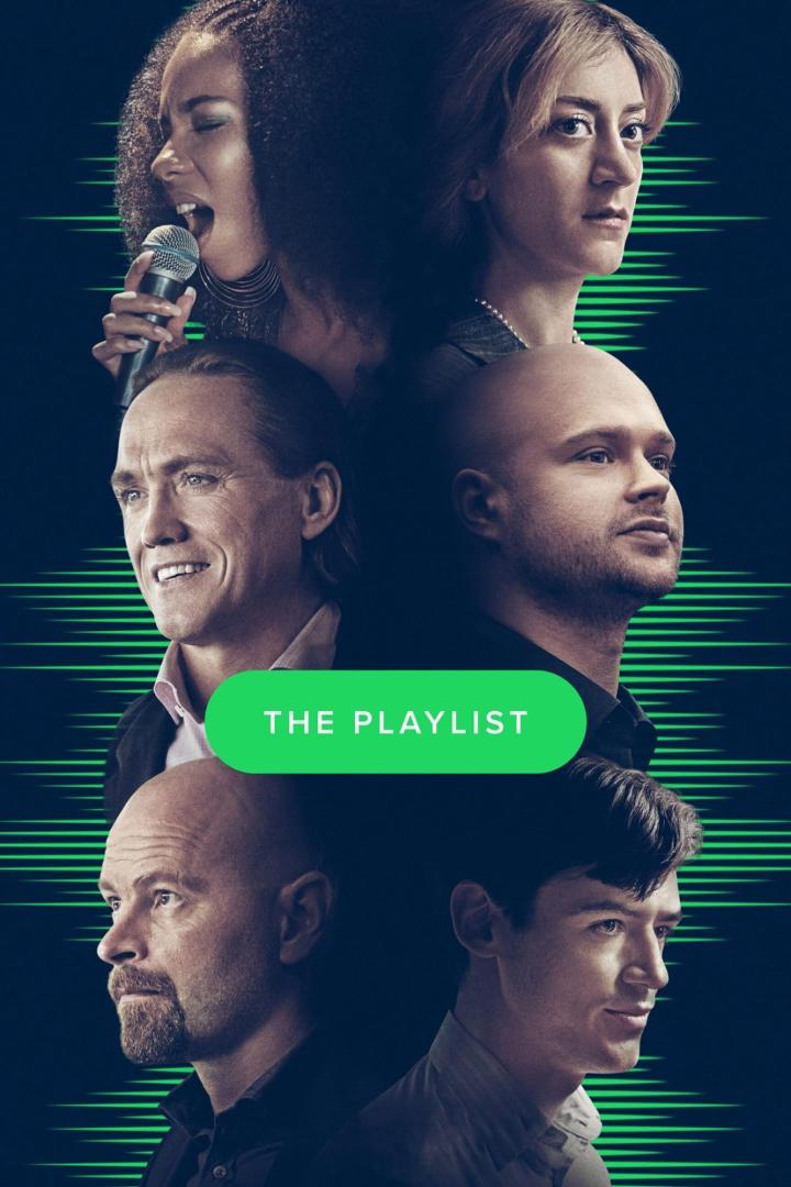 Das Filmplakat für „The Playlist“ zeigt die Gesichter von sechs Darstellern vor einem grünen Equalizer-Hintergrund.