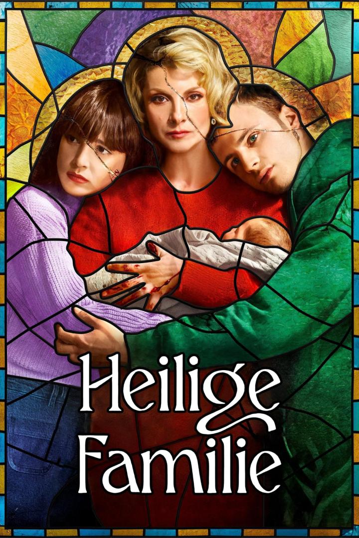 Das Poster für „Heilige Familie“ zeigt eine Frau mit zwei Jugendlichen und einem Baby im Stil eines Glasfensters.