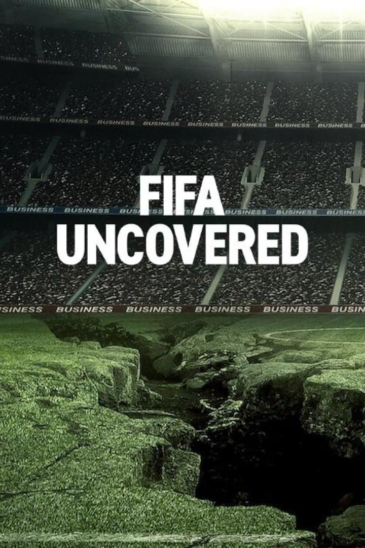 Das Cover von „FIFA Uncovered“ zeigt ein Fußballstadion und eine zerklüftete Landschaft.