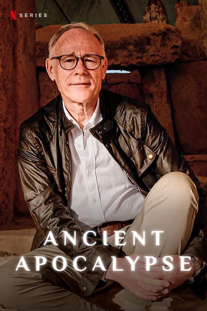 Graham Hancock vor einem Steinhintergrund für die Netflix-Serie „Ancient Apocalypse“.