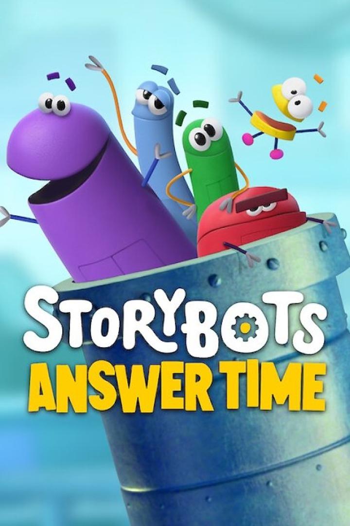 Das Cover von „StoryBots Answer Time“ zeigt animierte, farbenfrohe Figuren in einem blauen Behälter.