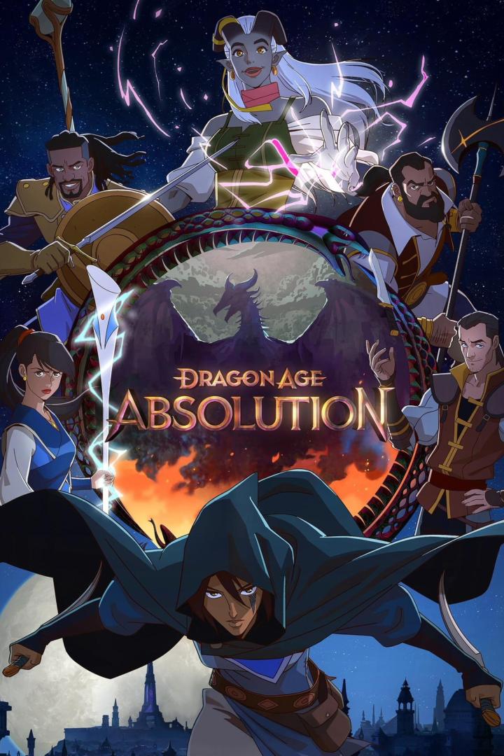Das Poster für „Dragon Age: Absolution“ zeigt eine Gruppe von Charakteren vor einem Drachen und einer Stadtlandschaft.