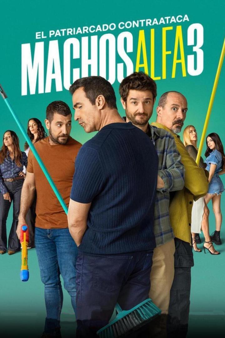 Das Filmplakat zu „Machos Alfa 3“ zeigt Männer und Frauen vor einem grünen Hintergrund.