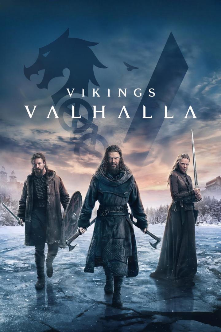 Das Filmplakat für „Vikings: Valhalla“ zeigt drei Krieger auf einem gefrorenen See.