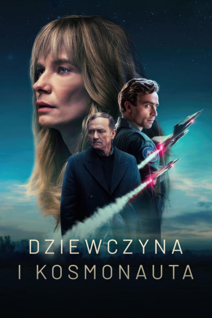 Das Filmplakat für „Dziewczyna i Kosmonauta“ zeigt eine Frau, zwei Männer und Raumschiffe.