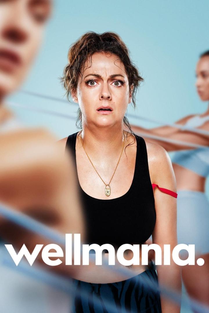 Das Filmplakat für „Wellmania“ zeigt eine Frau mit besorgtem Gesichtsausdruck beim Sport.