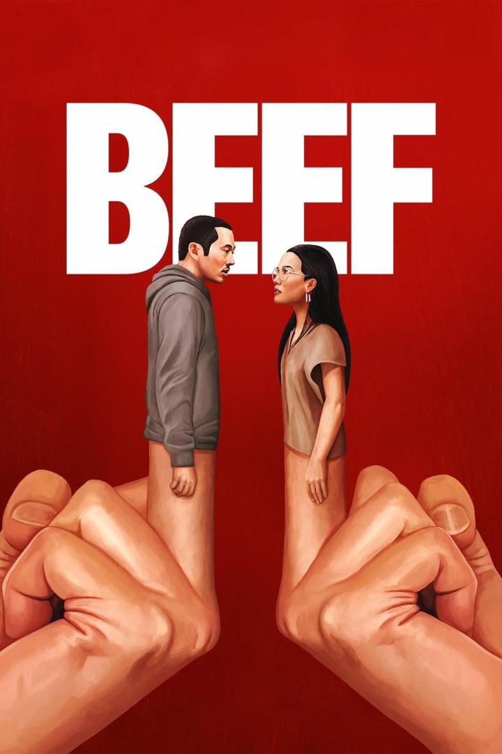 Das Poster für die Fernsehserie „Beef“ zeigt zwei Menschen, die sich auf Zeigefingern gegenüberstehen.