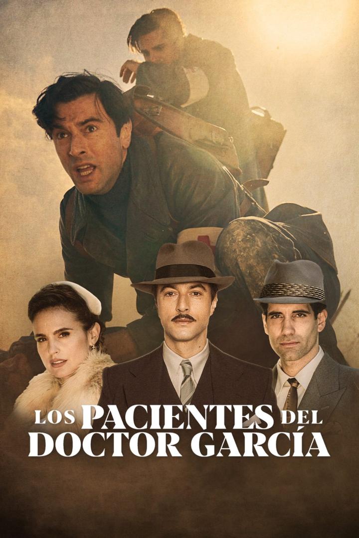Das Filmplakat für „Los Pacientes del Doctor García“ zeigt mehrere Charaktere vor einem sandfarbenen Hintergrund.
