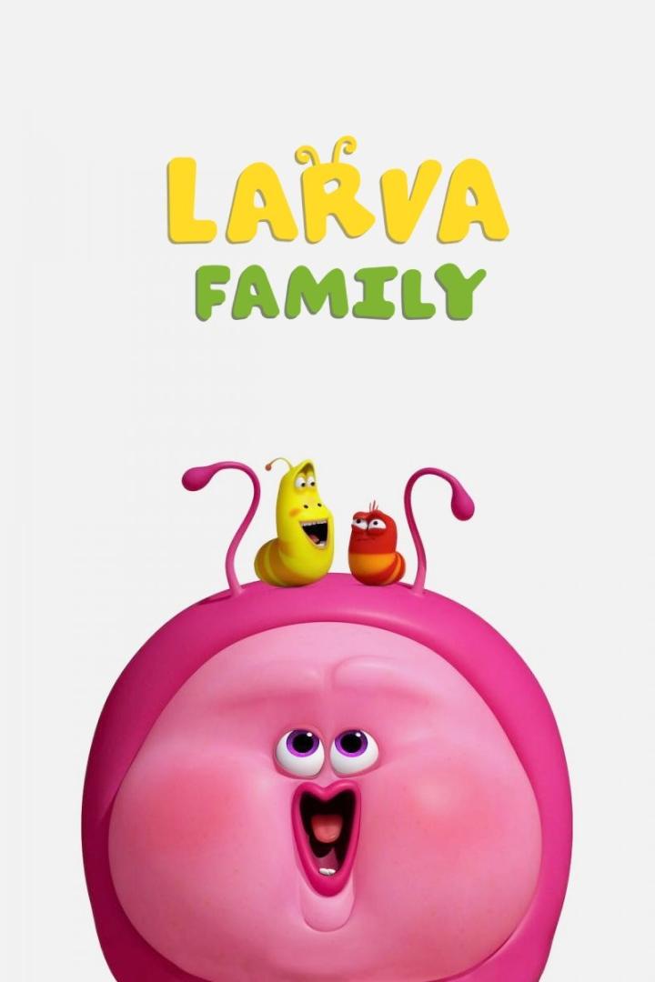 Gelbe und rote Larven sitzen auf dem Kopf einer rosa Figur unter dem Schriftzug „Larva Family“.
