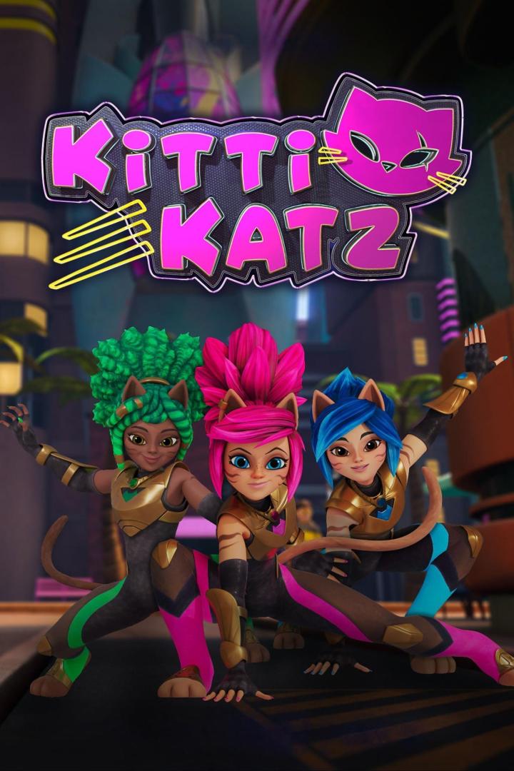 Drei animierte Katzenwesen posieren vor dem Logo „Kitti Katz“.