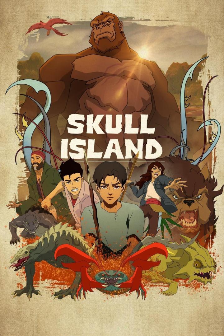 Das animierte Poster für „Skull Island“ zeigt Menschen und Monster vor einem riesigen Affen.