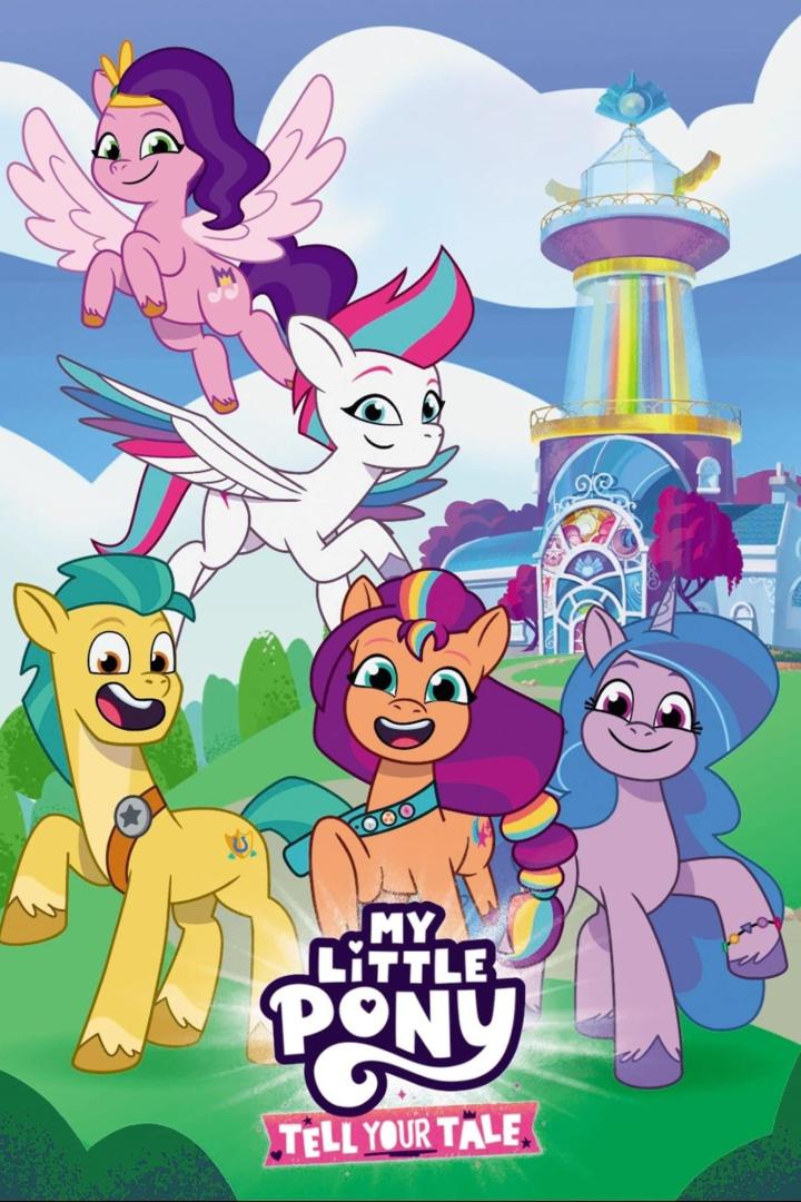 Die Charaktere aus „My Little Pony: Tell Your Tale“ vor einem bunten Leuchtturm.