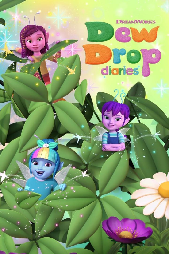 Drei animierte Feen aus „Dew Drop Diaries“ zwischen grünen Blättern und Blumen.