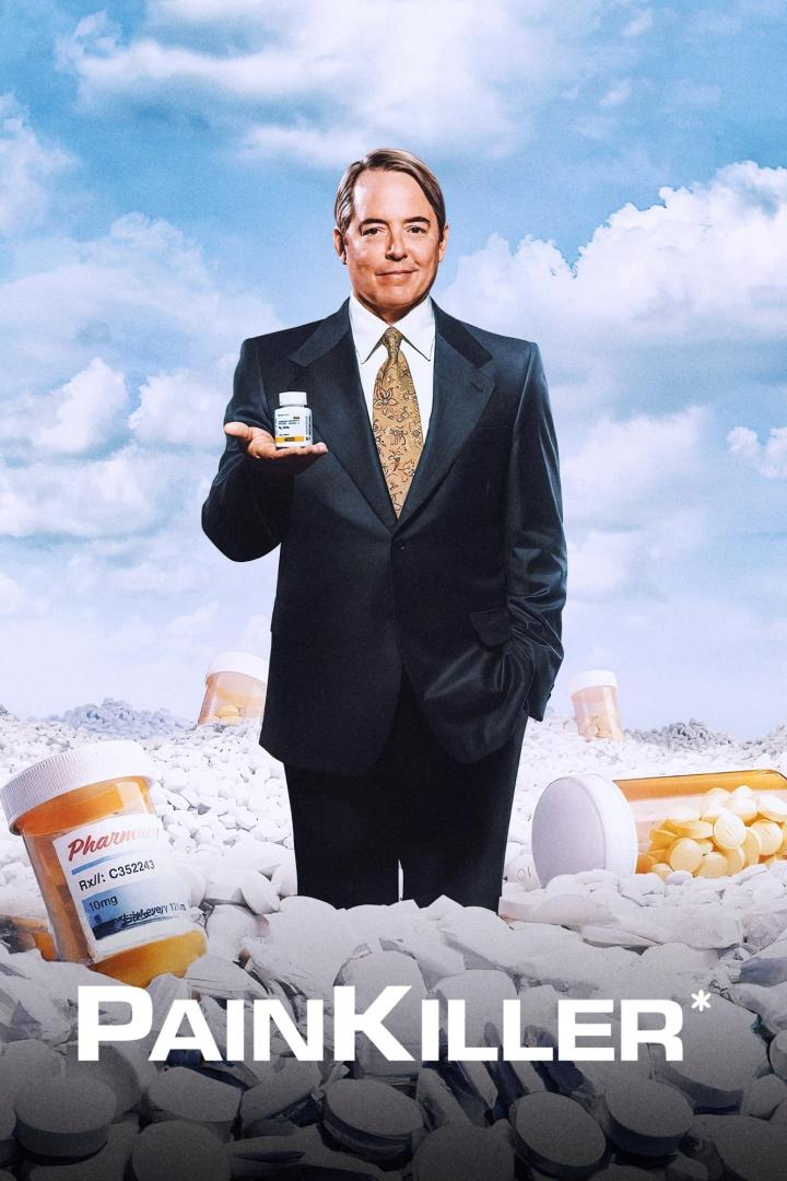 Matthew Broderick hält eine Pillenflasche in der Hand, umgeben von Tabletten und Pillenflaschen für „Painkiller“.
