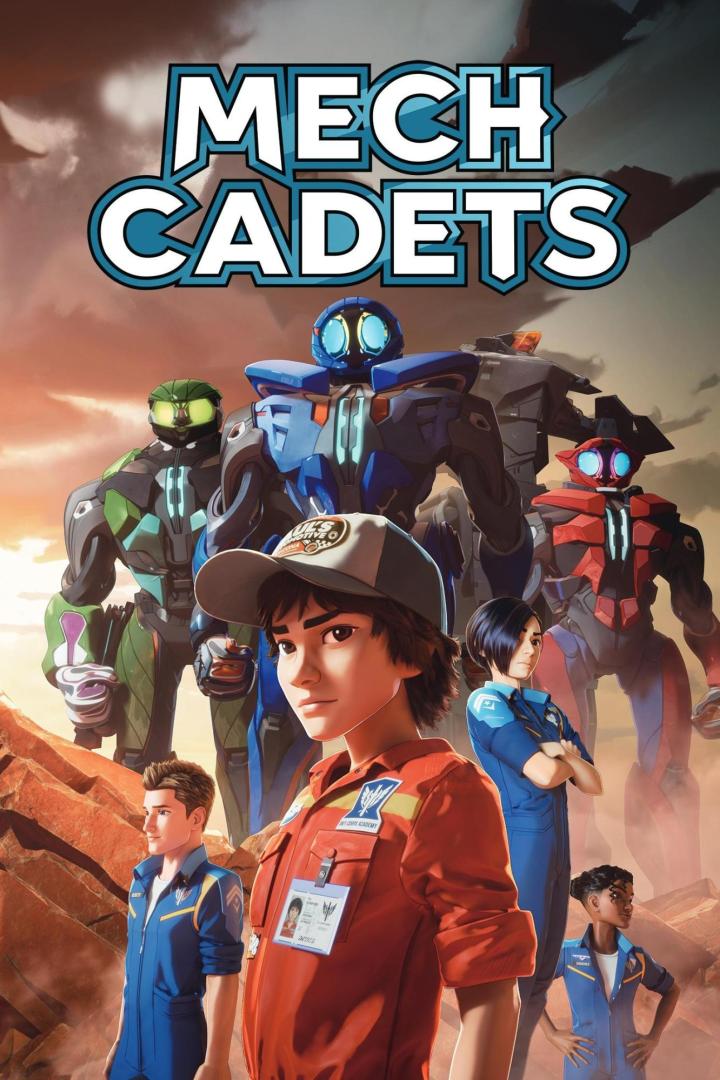 Das Poster für „Mech Cadets“ zeigt Kadetten und ihre Mech-Anzüge vor einer Wüstenlandschaft.