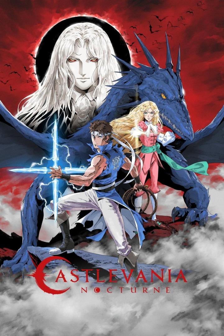 Das Cover von „Castlevania: Nocturne“ zeigt Charaktere vor einem roten Himmel und einem blauen Drachen.