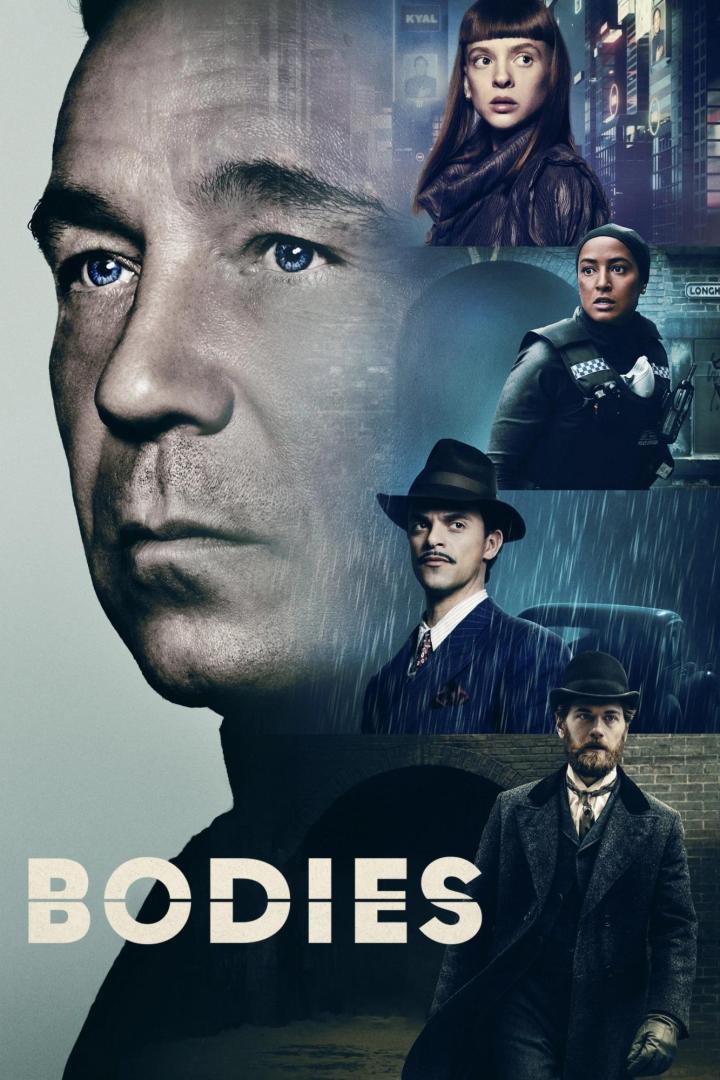 Das Poster für die Netflix-Serie „Bodies“ zeigt die Gesichter von vier Ermittlern aus verschiedenen Epochen.