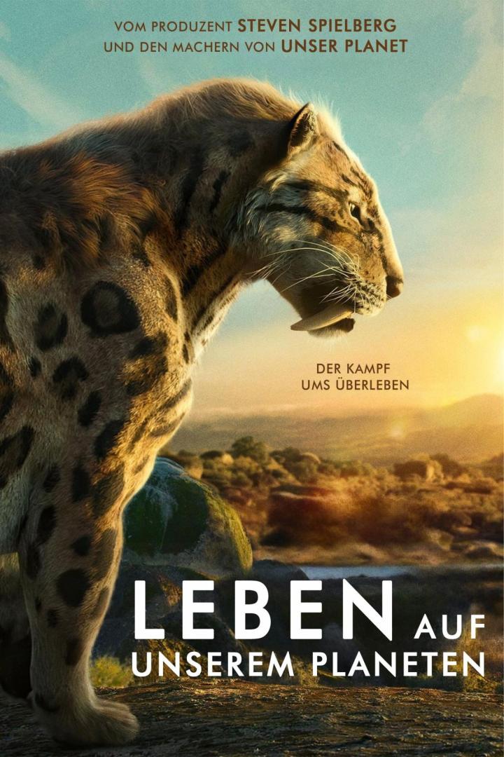 Das Poster zur Dokumentarserie „Leben auf unserem Planeten“ zeigt eine Säbelzahnkatze.