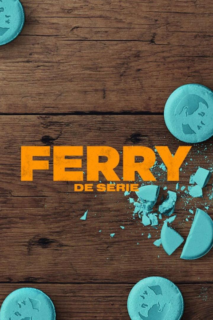 Das Poster für die Serie „Ferry“ zeigt blaue Pillen auf einem Holztisch.