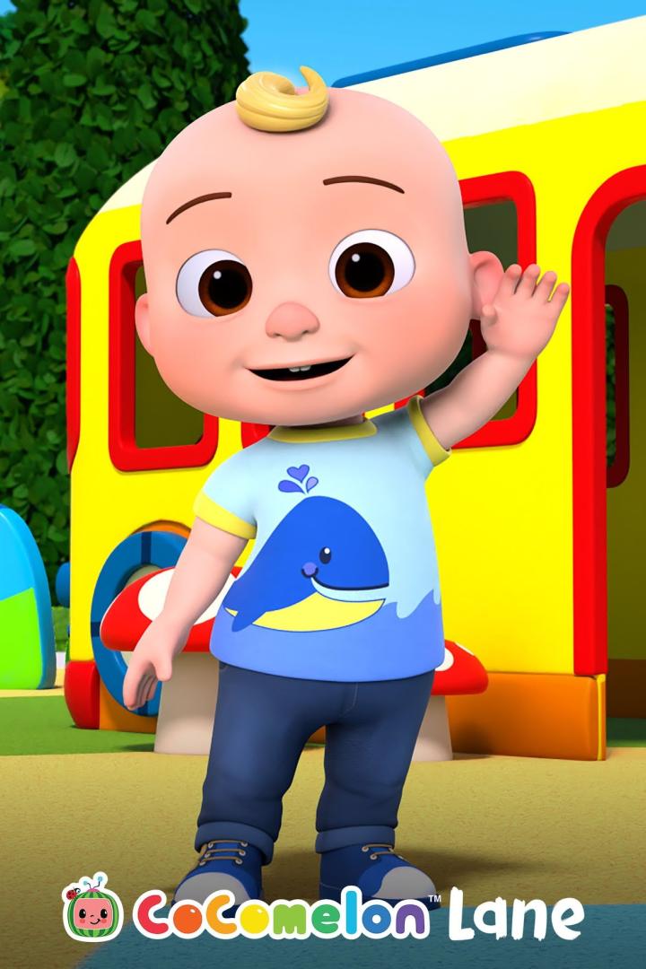 Ein animiertes Baby mit einem Wal-T-Shirt winkt vor einem Spielhaus.