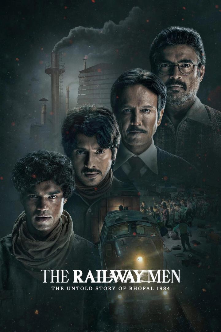 Das Filmplakat für „The Railway Men: The Untold Story of Bhopal 1984“ zeigt vier Männer und einen Zug.