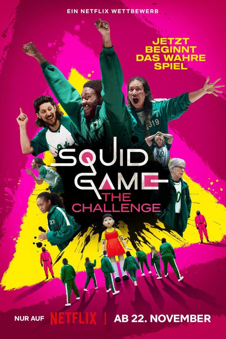 Das Poster für „Squid Game: The Challenge“ zeigt jubelnde Kandidaten und die ikonische Puppe.