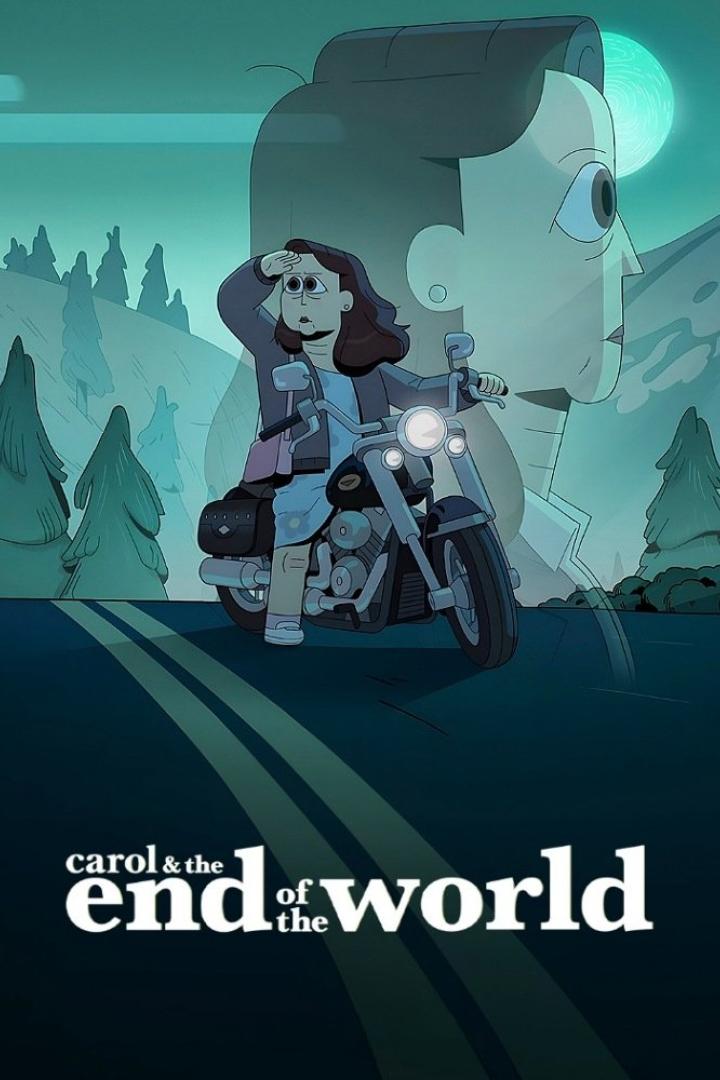 Eine Frau fährt auf einem Motorrad vor dem Hintergrund des Logos von „Carol & The End of the World“.