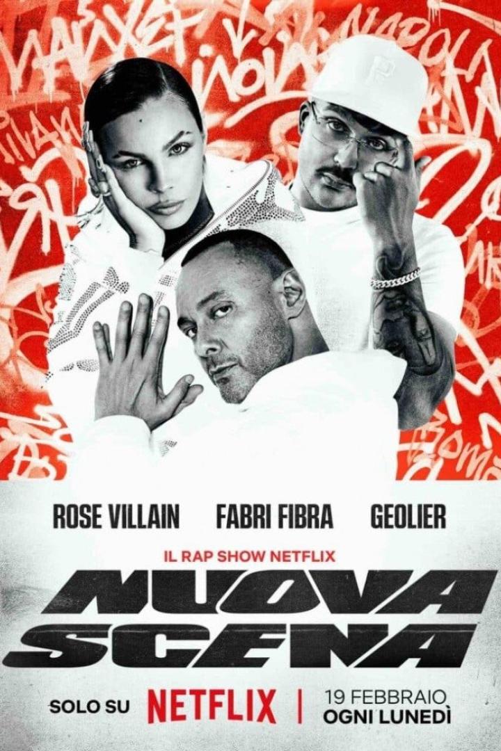 Das Keyart für „Nuova Scena“ mit Rose Villain, Fabri Fibra und Geolier, einer Rap-Show auf Netflix.
