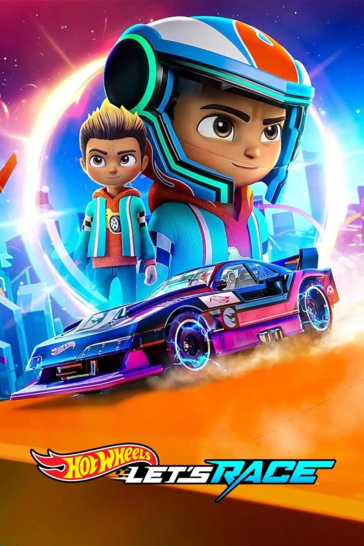 Ein Werbebild für „Hot Wheels Let's Race“ mit zwei animierten Figuren und einem Rennwagen.