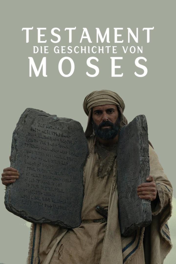 Ein Mann, dargestellt als Moses, hält zwei Steintafeln mit Inschriften.