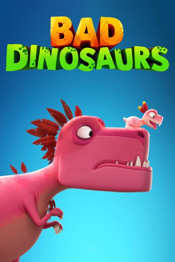 Ein pinkfarbener Cartoon-Dinosaurier mit einem kleineren Dinosaurier auf dem Kopf vor dem Schriftzug „Bad Dinosaurs“.
