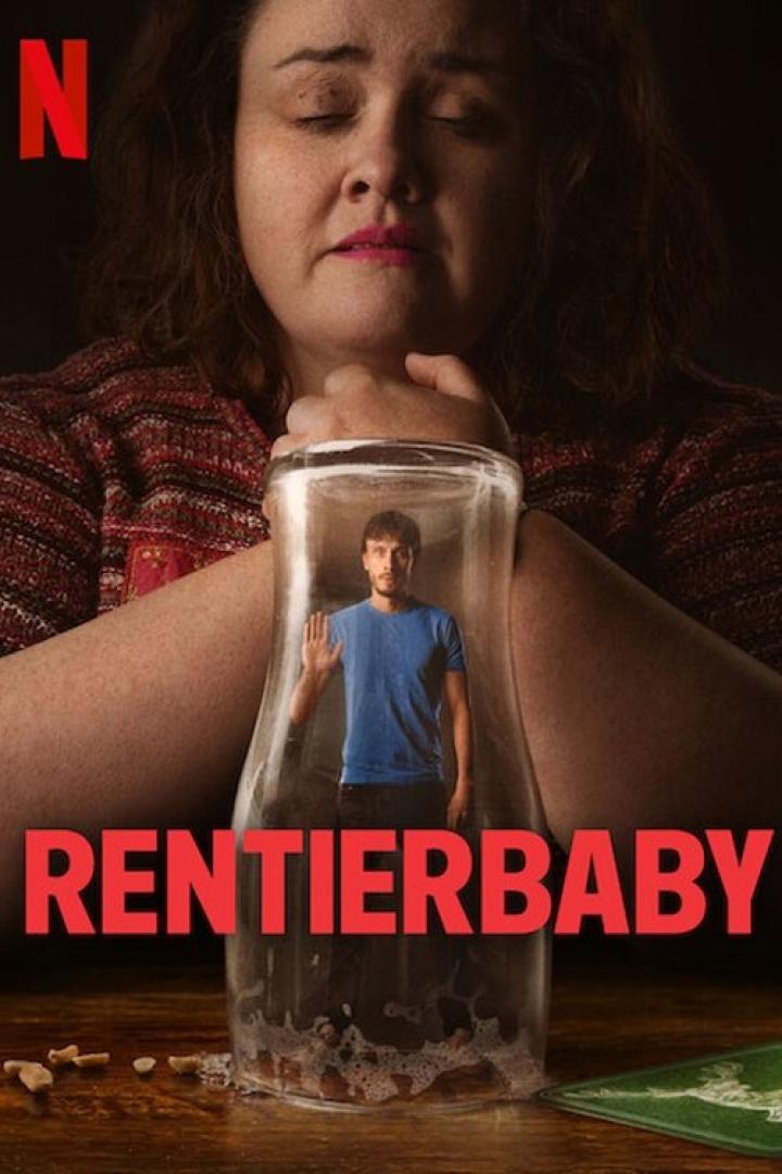 Das Filmplakat für „Rentierbaby“ zeigt eine Frau, die ein Glas mit einem Mann darin hält.