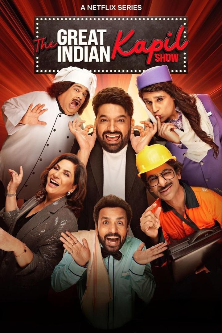Das Ensemble der „The Great Indian Kapil Show“, einer Netflix-Serie, posiert für ein Werbebild.