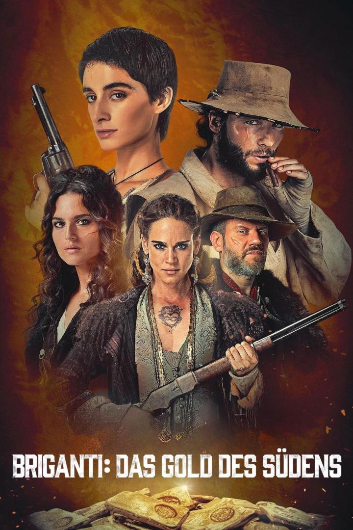 Das Filmplakat zu „Briganti: Das Gold des Südens“ zeigt mehrere bewaffnete Personen.