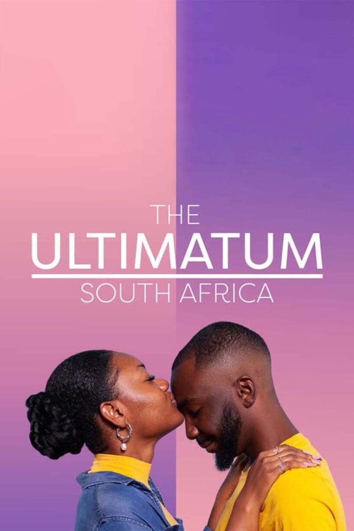 Das Werbeplakat für „The Ultimatum: South Africa“ zeigt ein Paar vor einem zweifarbigen Hintergrund.