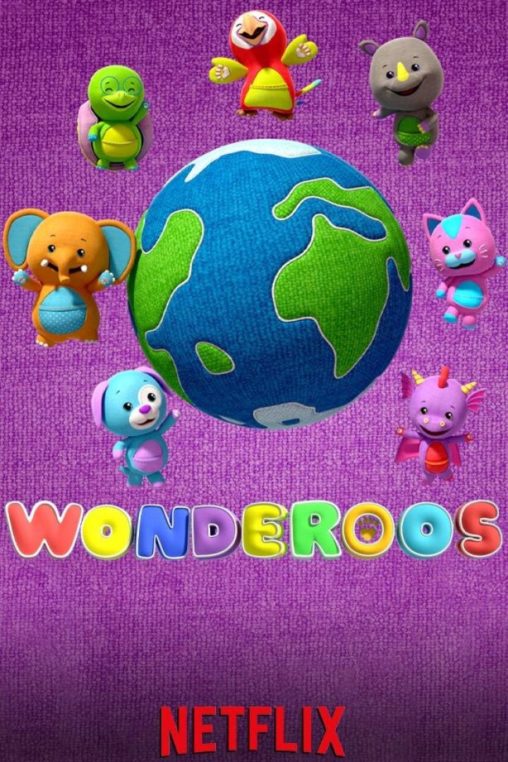 Das Poster für die Netflix-Serie „Wonderoos“ zeigt animierte Tierfiguren um einen Globus.