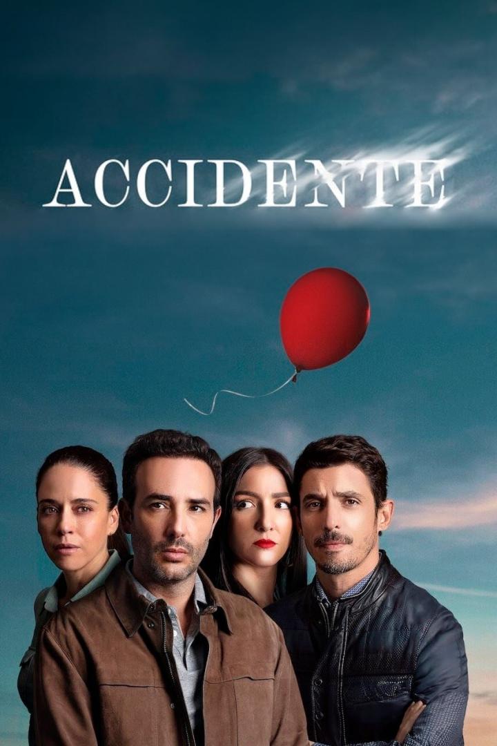 Das Filmplakat für „Accidente“ zeigt vier Personen und einen roten Ballon vor blauem Himmel.