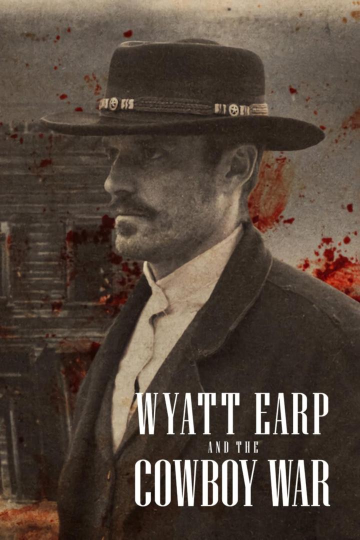 Ein Porträt von Wyatt Earp vor dem Hintergrund des Films „Cowboy War“.