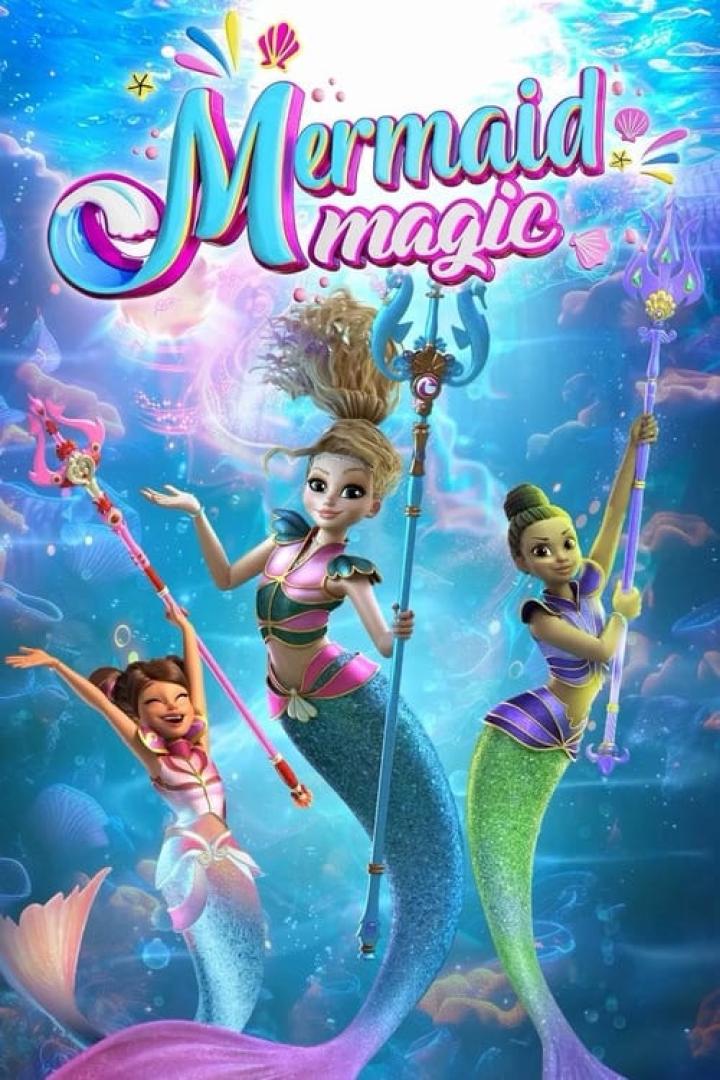 Drei animierte Meerjungfrauen halten Zepter vor dem Titel „Mermaid Magic“.