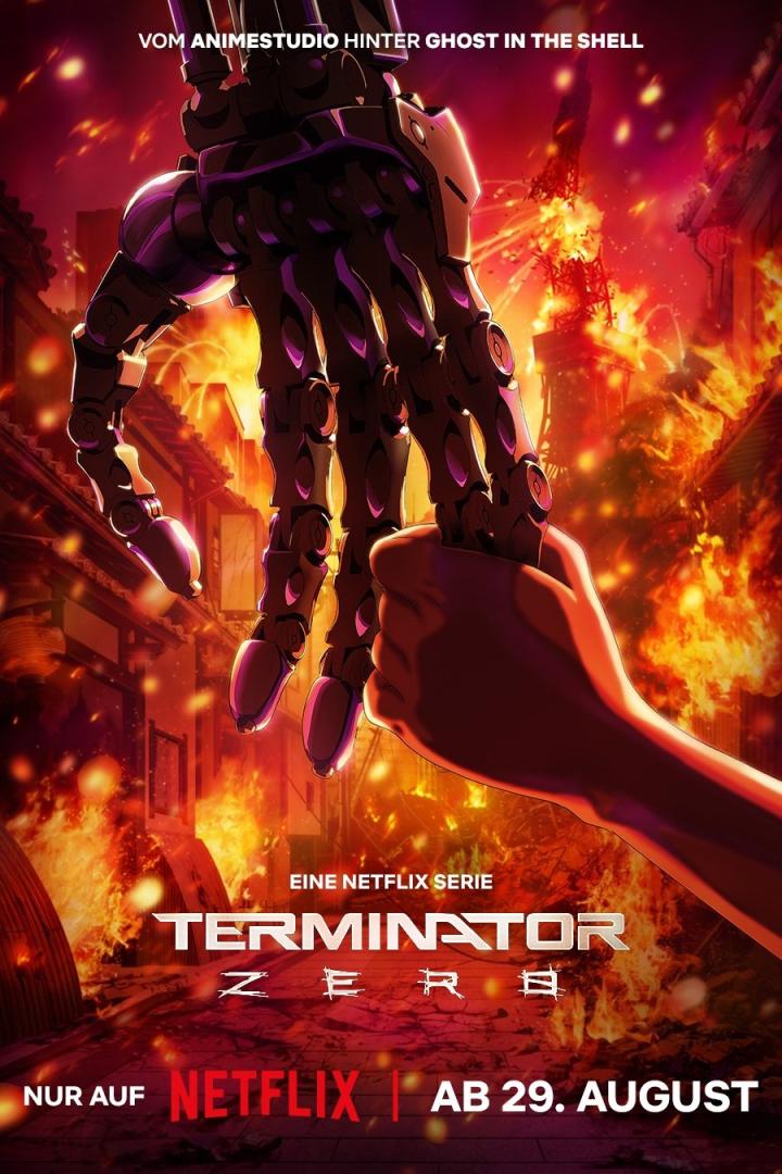 Das Poster für die Netflix-Serie „Terminator Zero“ zeigt eine Roboterhand vor einem brennenden Hintergrund.